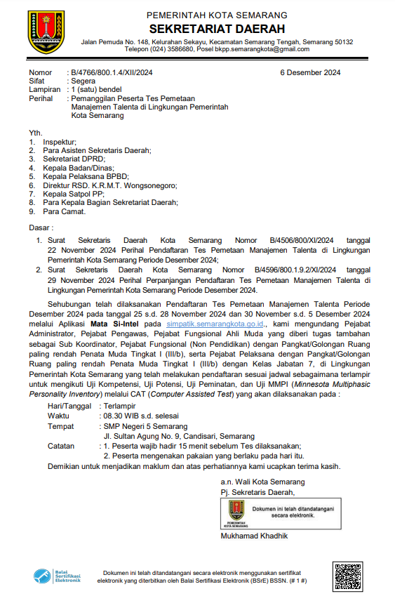 Pemanggilan Peserta Tes Pemetaan Manajemen Talenta di Lingkungan Pemerintah Kota Semarang